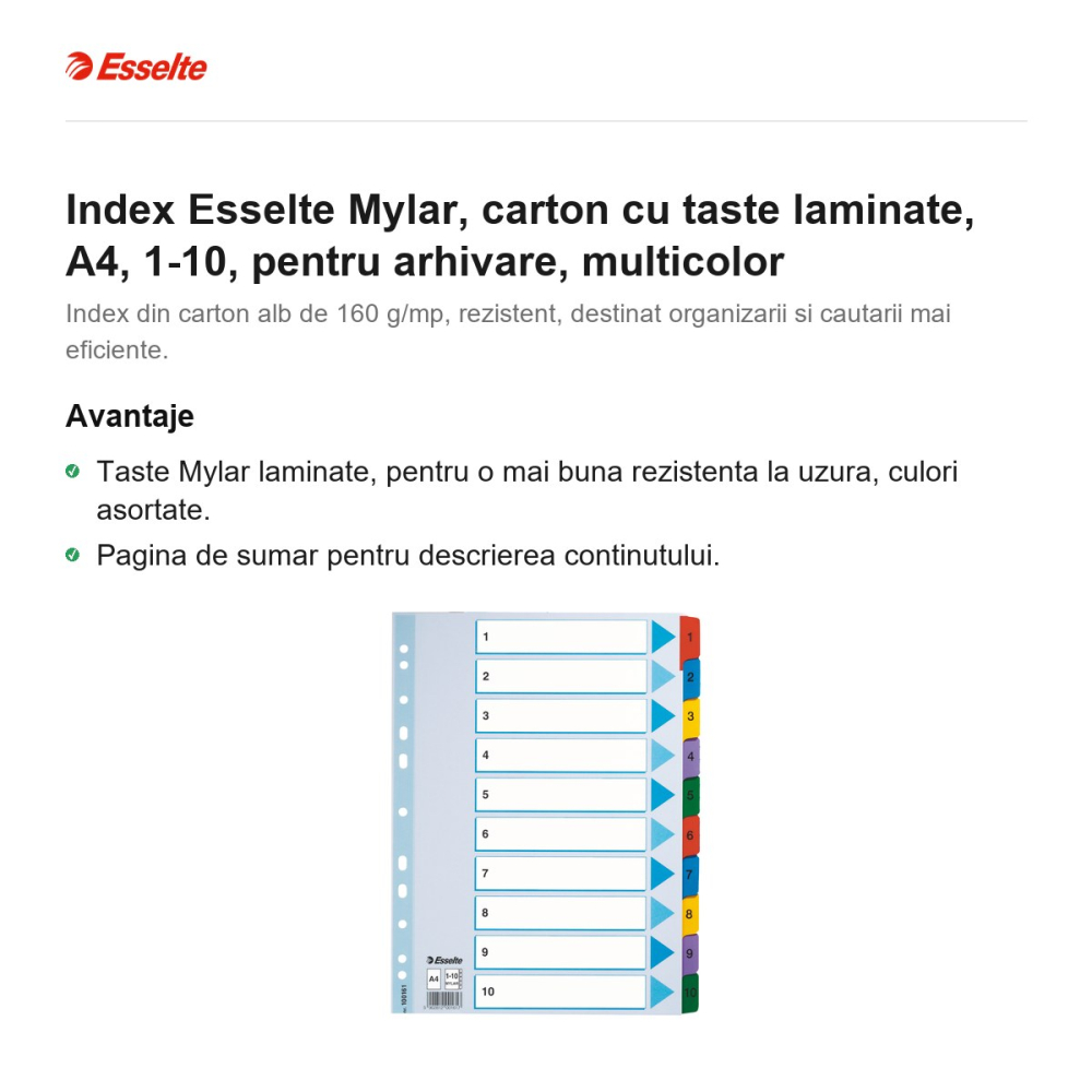 Index Esselte Mylar, carton cu taste laminate, A4, 1-10, pentru arhivare, multicolor [2]