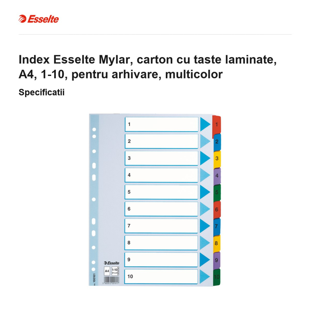 Index Esselte Mylar, carton cu taste laminate, A4, 1-10, pentru arhivare, multicolor [3]