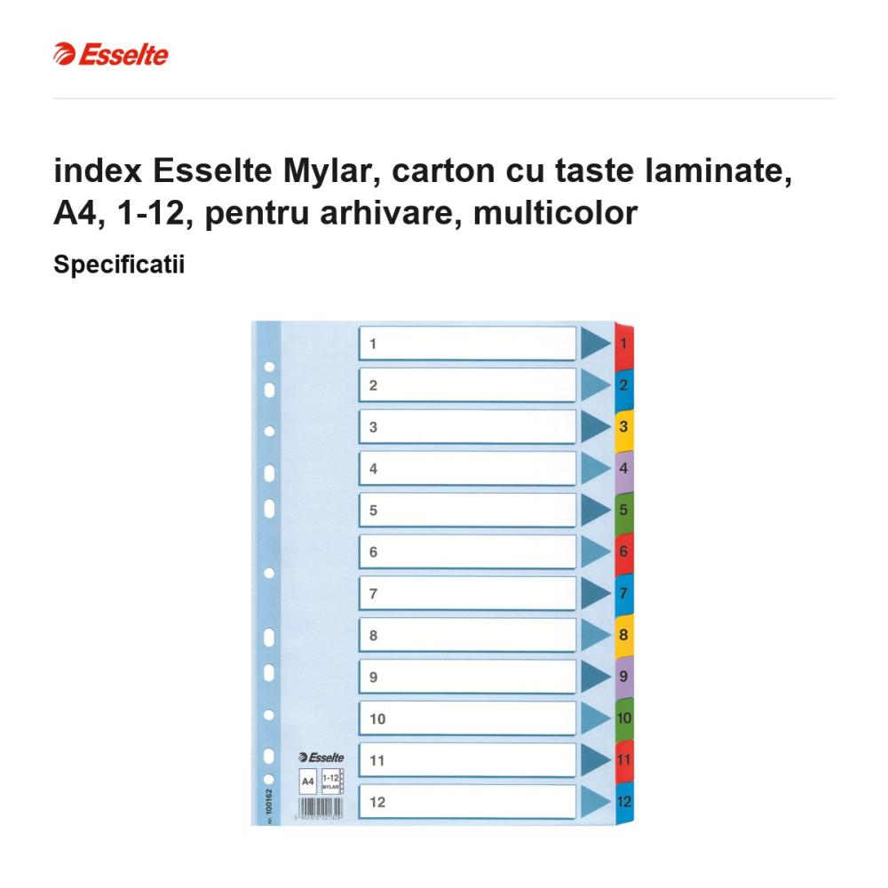 index Esselte Mylar, carton cu taste laminate, A4, 1-12, pentru arhivare, multicolor [3]