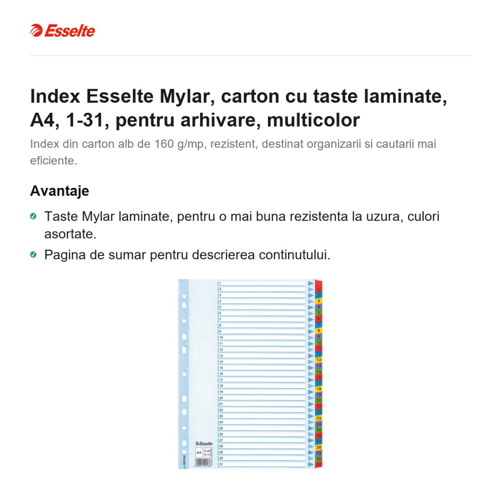 Index Esselte Mylar, carton cu taste laminate, A4, 1-31, pentru arhivare, multicolor [2]