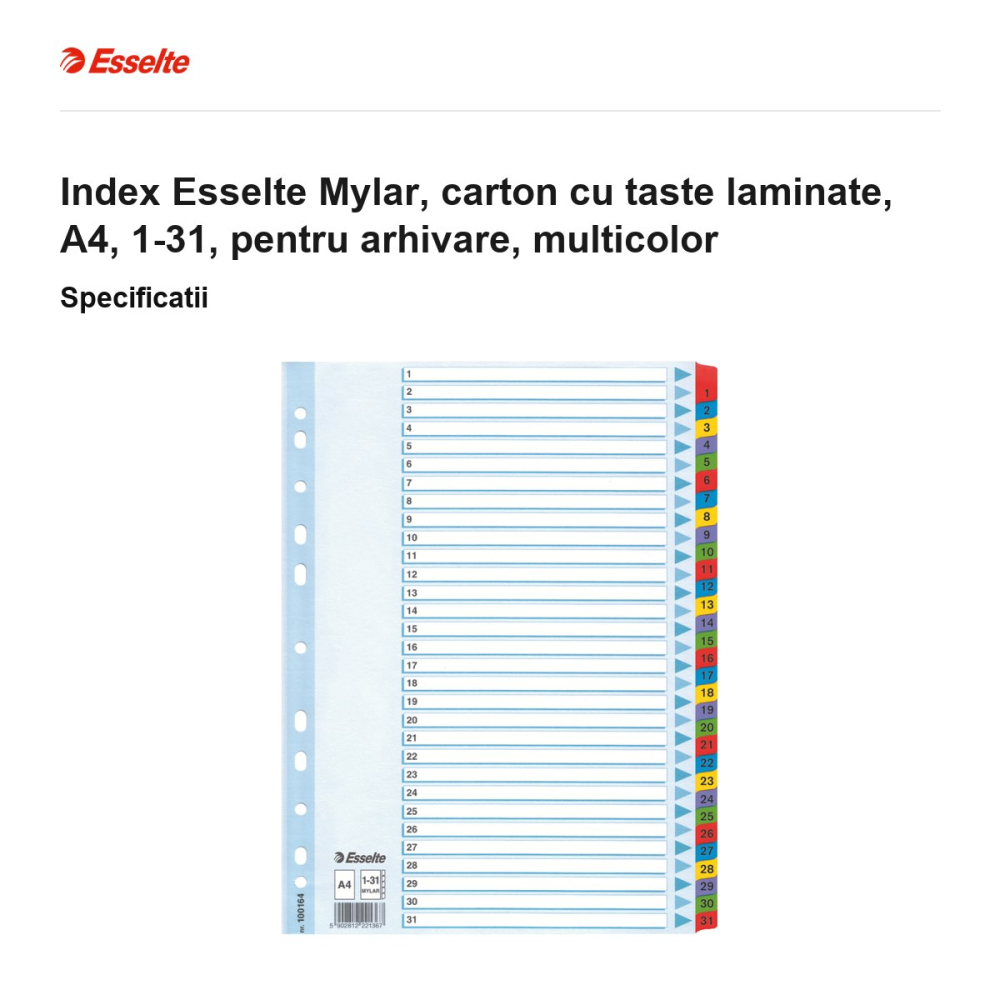 Index Esselte Mylar, carton cu taste laminate, A4, 1-31, pentru arhivare, multicolor [3]