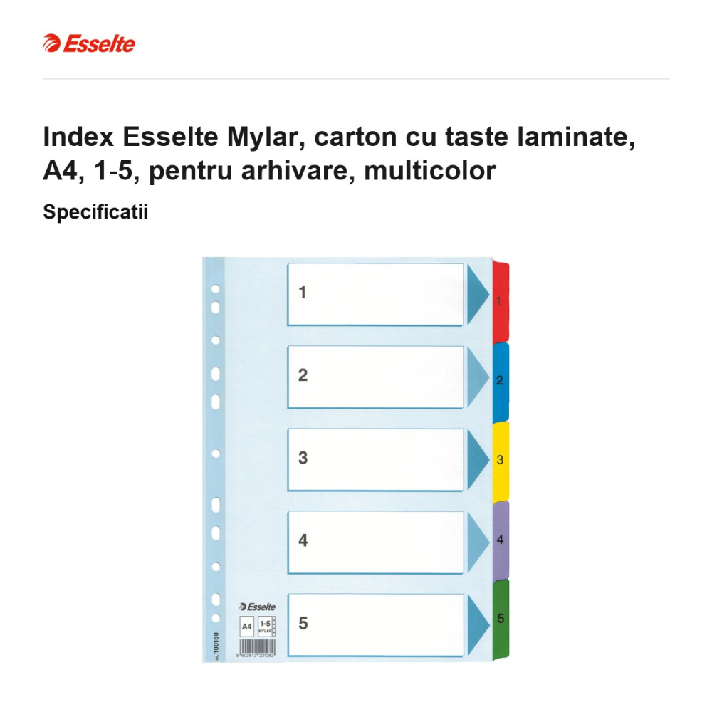 Index Esselte Mylar, carton cu taste laminate, A4, 1-5, pentru arhivare, multicolor [3]