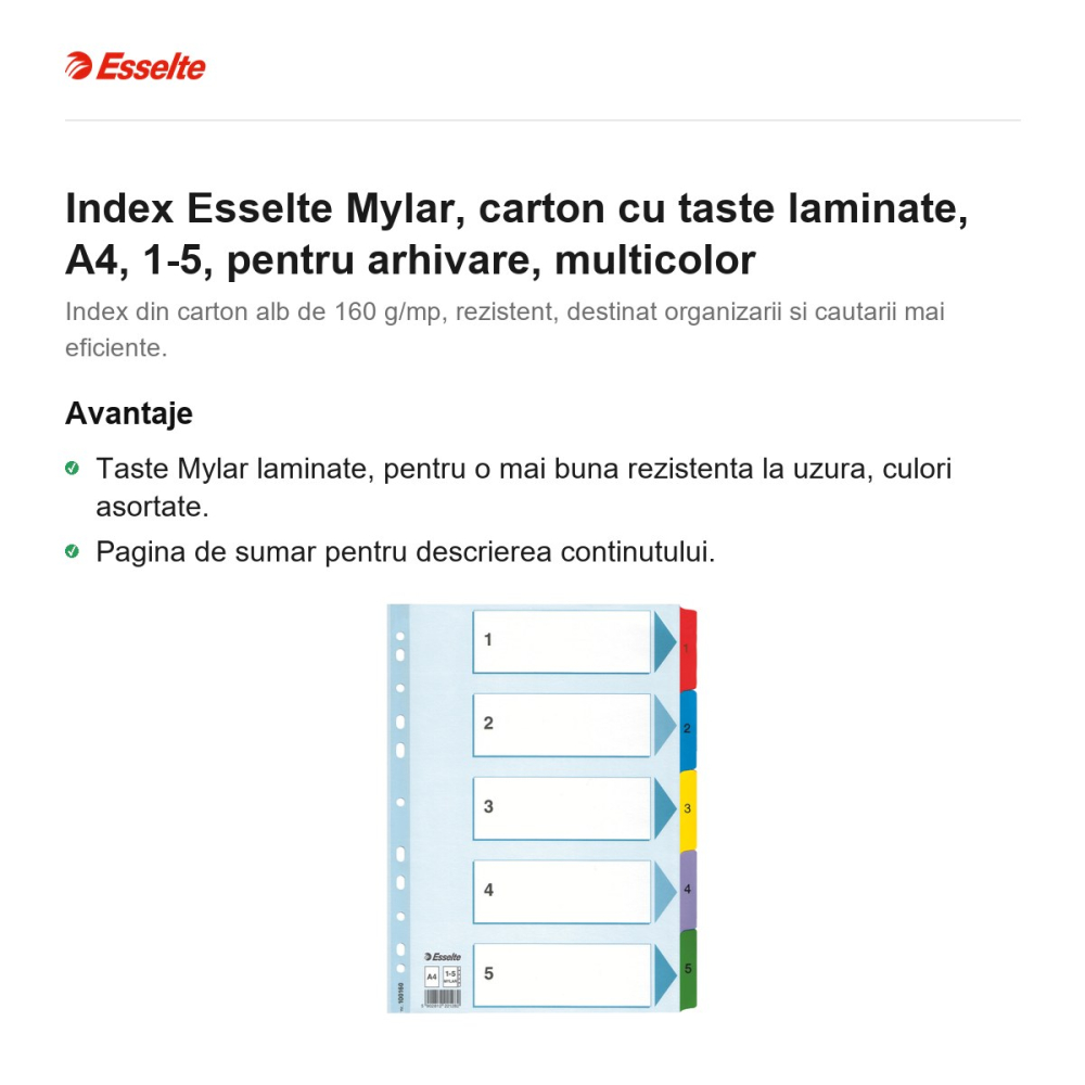 Index Esselte Mylar, carton cu taste laminate, A4, 1-5, pentru arhivare, multicolor [2]