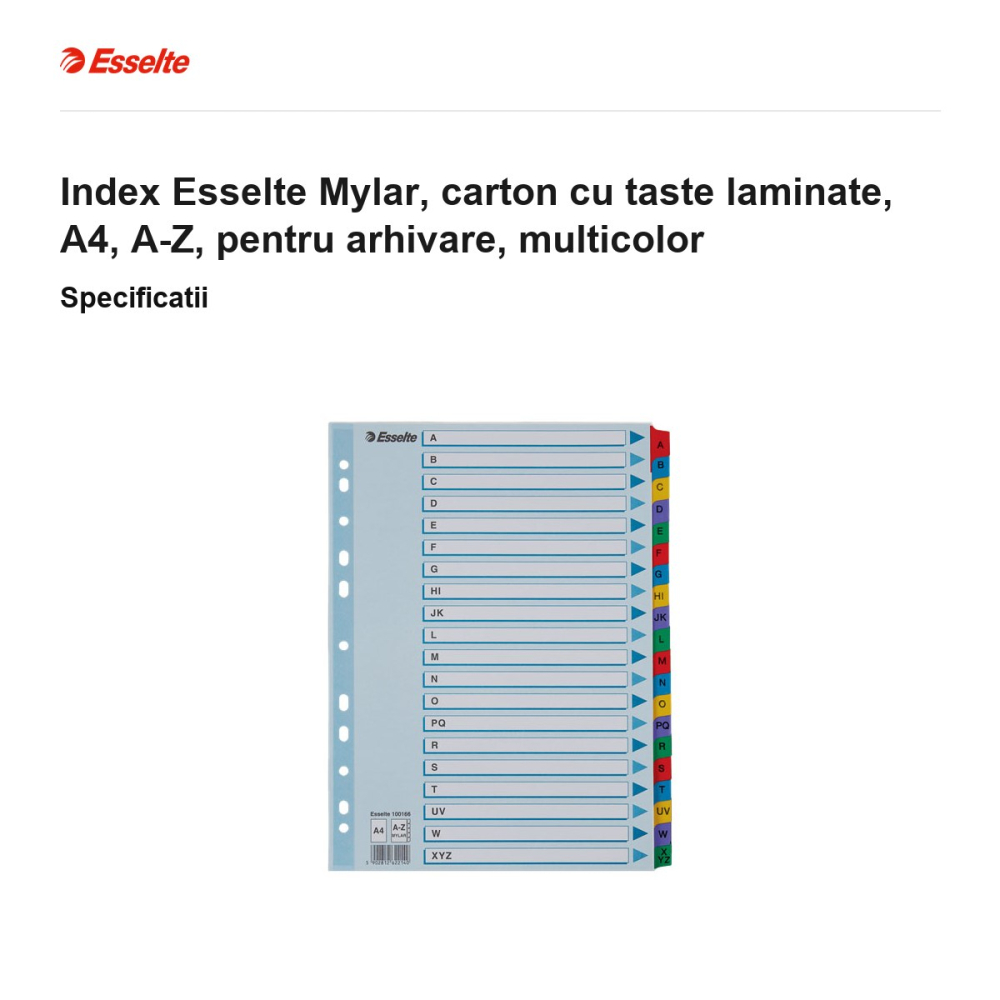 Index Esselte Mylar, carton cu taste laminate, A4, A-Z, pentru arhivare, multicolor [3]