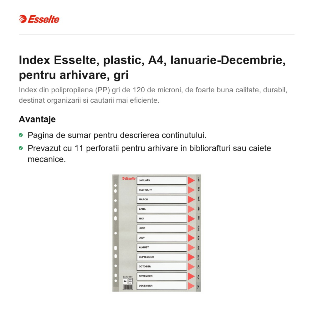 Index Esselte, plastic, A4, Ianuarie-Decembrie, pentru arhivare, gri [2]