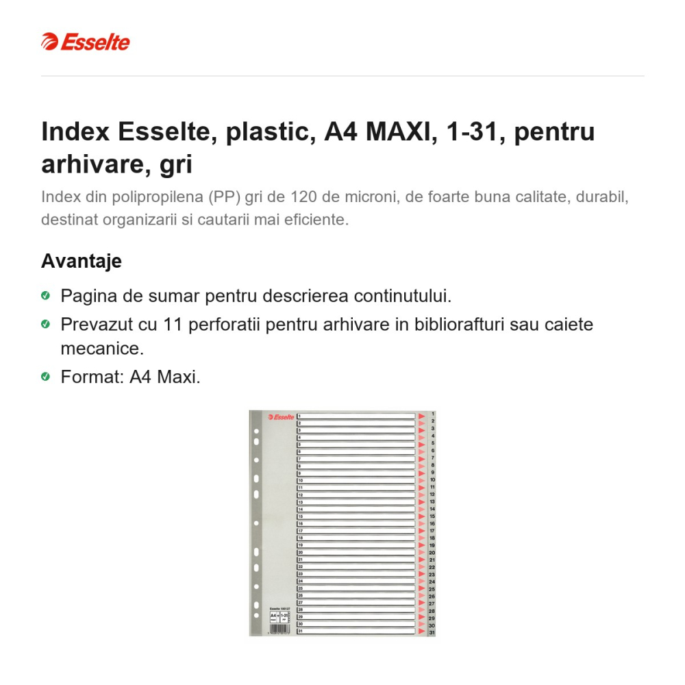 Index Esselte, plastic, A4 MAXI, 1-31, pentru arhivare, gri [2]