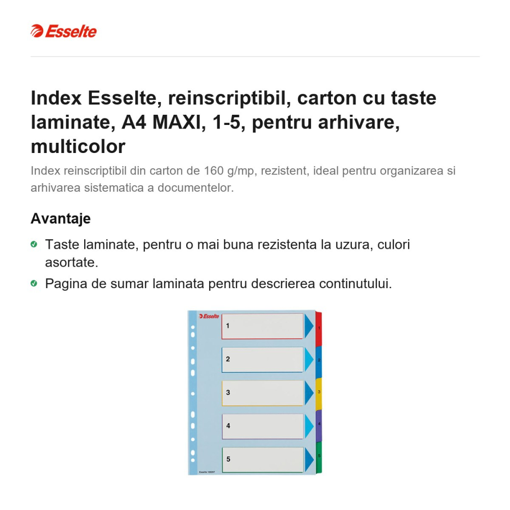Index Esselte, reinscriptibil, carton cu taste laminate, A4 MAXI, 1-5, pentru arhivare, multicolor [2]