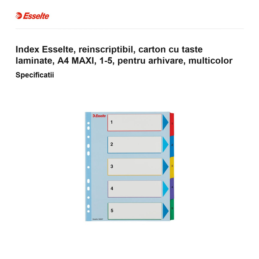 Index Esselte, reinscriptibil, carton cu taste laminate, A4 MAXI, 1-5, pentru arhivare, multicolor [3]