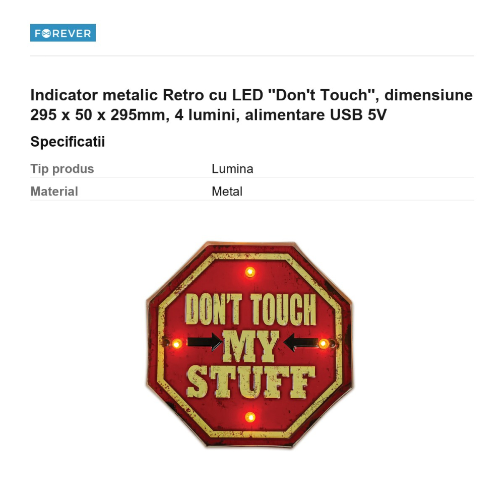 Indicator metalic Retro cu LED ''Don't Touch'', dimensiune 295 x 50 x 295mm, 4 lumini, alimentare USB 5V [3]
