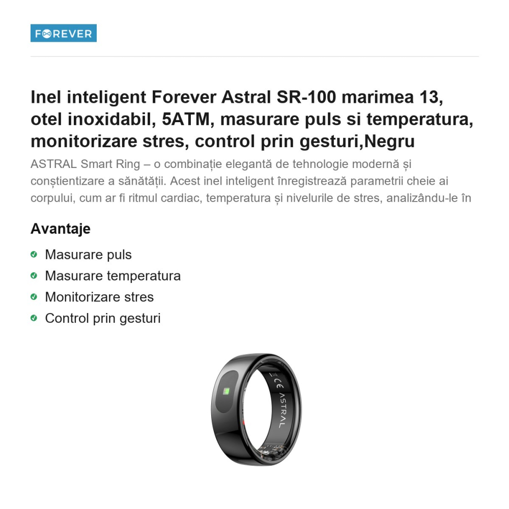 Inel inteligent Forever Astral SR-100 marimea 13, otel inoxidabil, 5ATM, masurare puls si temperatura, monitorizare stres, control prin gesturi,Negru [2]