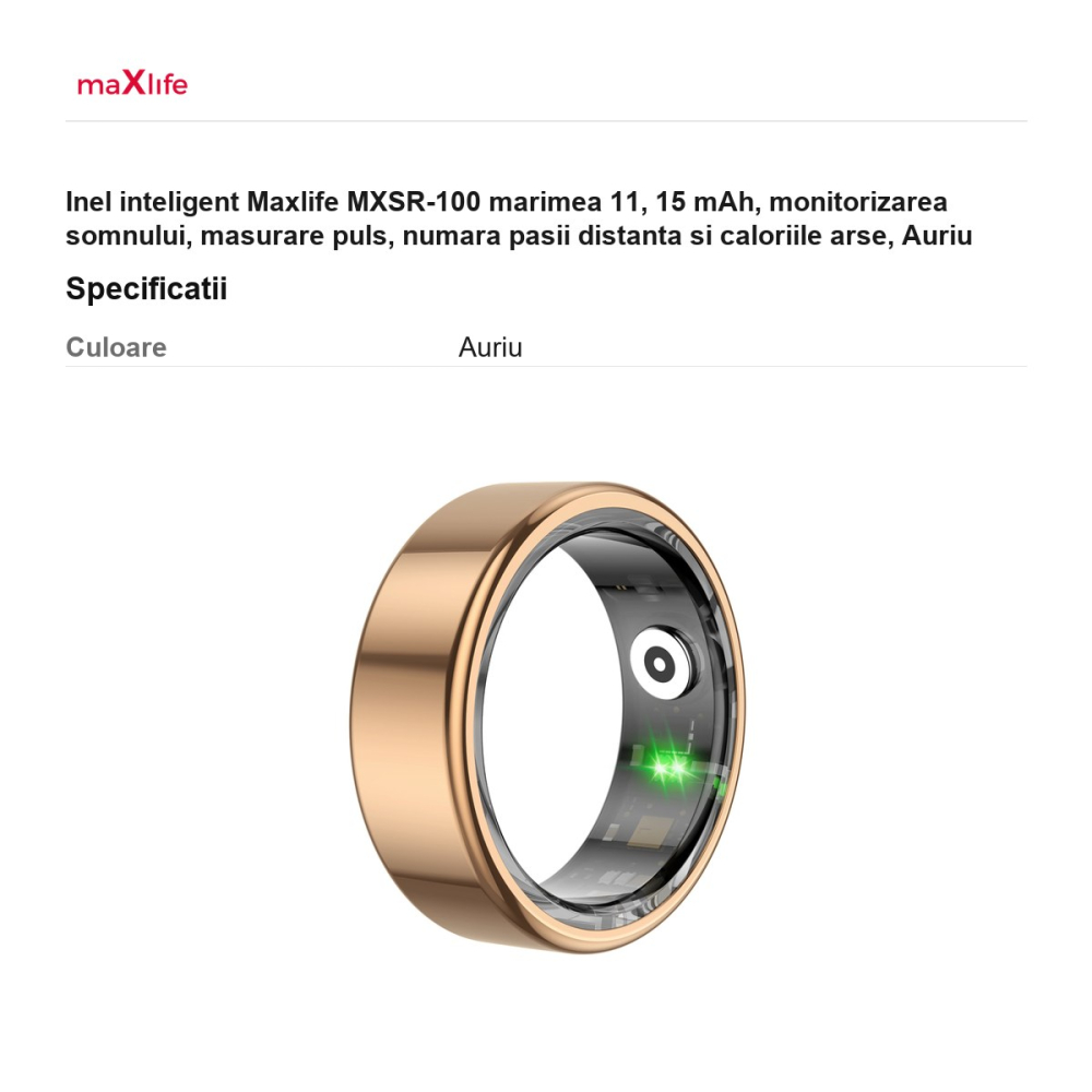 Inel inteligent Maxlife MXSR-100 marimea 11, 15 mAh, monitorizarea somnului, masurare puls, numara pasii distanta si caloriile arse, Auriu [3]