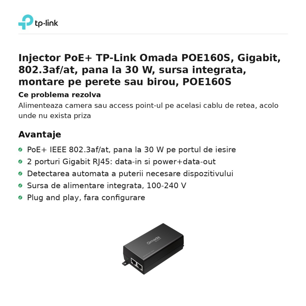 Injector PoE+ TP-Link Omada POE160S, Gigabit, 802.3af/at, pana la 30 W, sursa integrata, montare pe perete sau birou, POE160S [2]