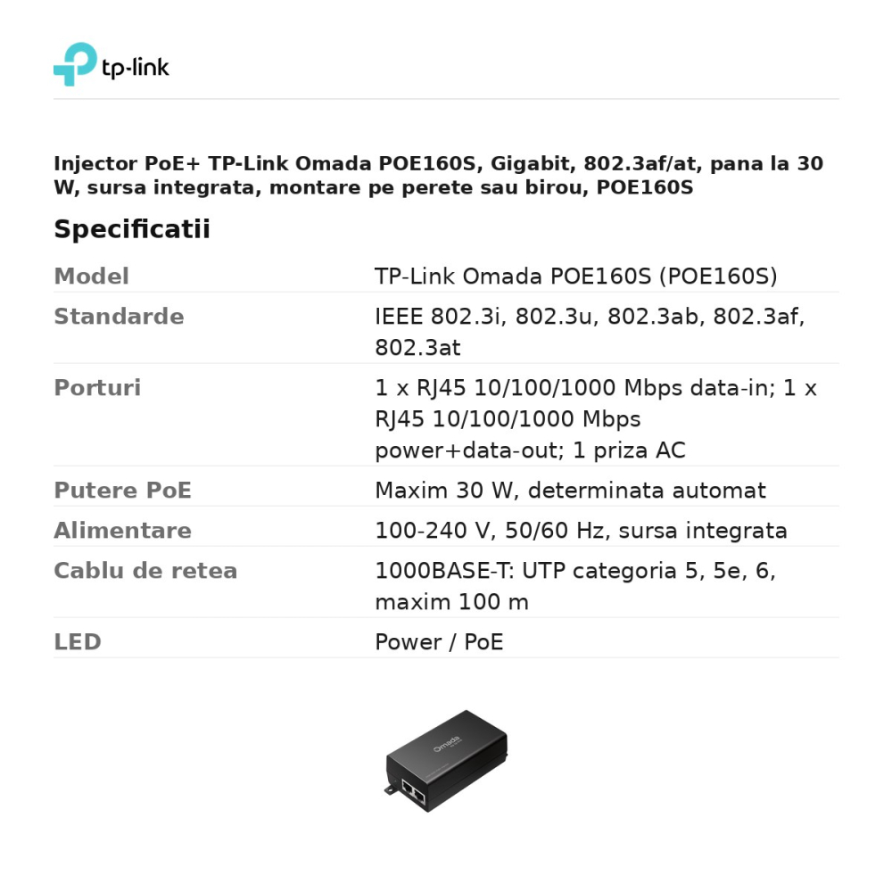 Injector PoE+ TP-Link Omada POE160S, Gigabit, 802.3af/at, pana la 30 W, sursa integrata, montare pe perete sau birou, POE160S [3]