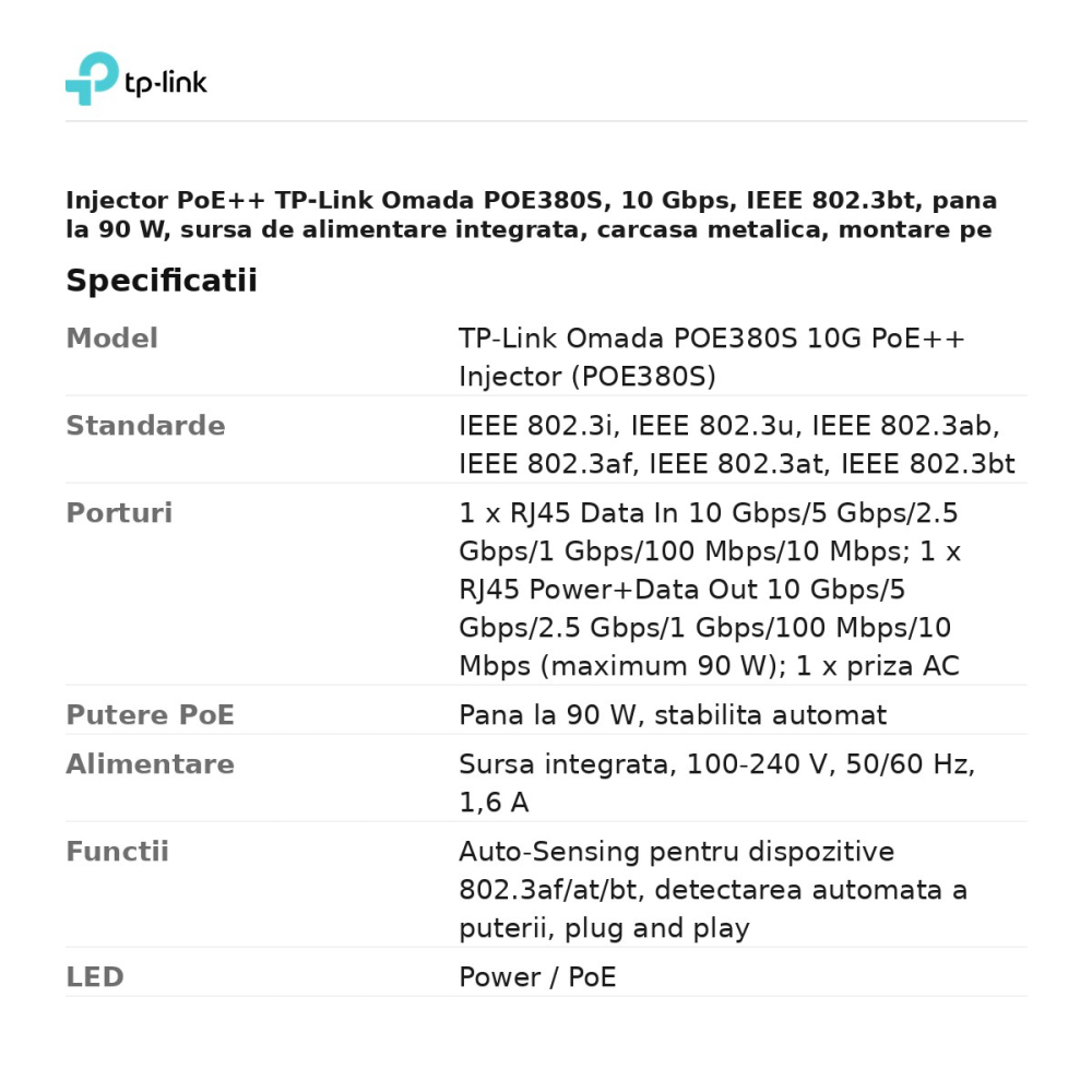 Injector PoE++ TP-Link Omada POE380S, 10 Gbps, IEEE 802.3bt, pana la 90 W, sursa de alimentare integrata, carcasa metalica, montare pe birou sau pe perete [3]