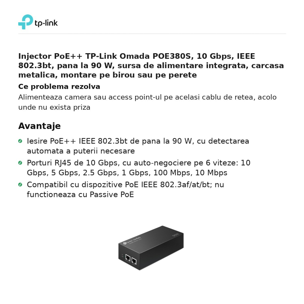 Injector PoE++ TP-Link Omada POE380S, 10 Gbps, IEEE 802.3bt, pana la 90 W, sursa de alimentare integrata, carcasa metalica, montare pe birou sau pe perete [2]
