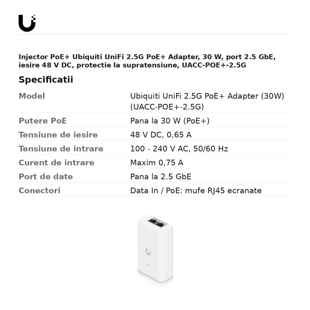 Injector PoE+ Ubiquiti UniFi 2.5G PoE+ Adapter, 30 W, port 2.5 GbE, iesire 48 V DC, protectie la supratensiune, UACC-POE+-2.5G [3]
