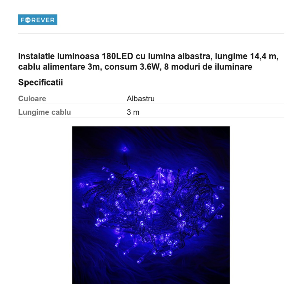 Instalatie luminoasa 180LED cu lumina albastra, lungime 14,4 m, cablu alimentare 3m, consum 3.6W, 8 moduri de iluminare [3]