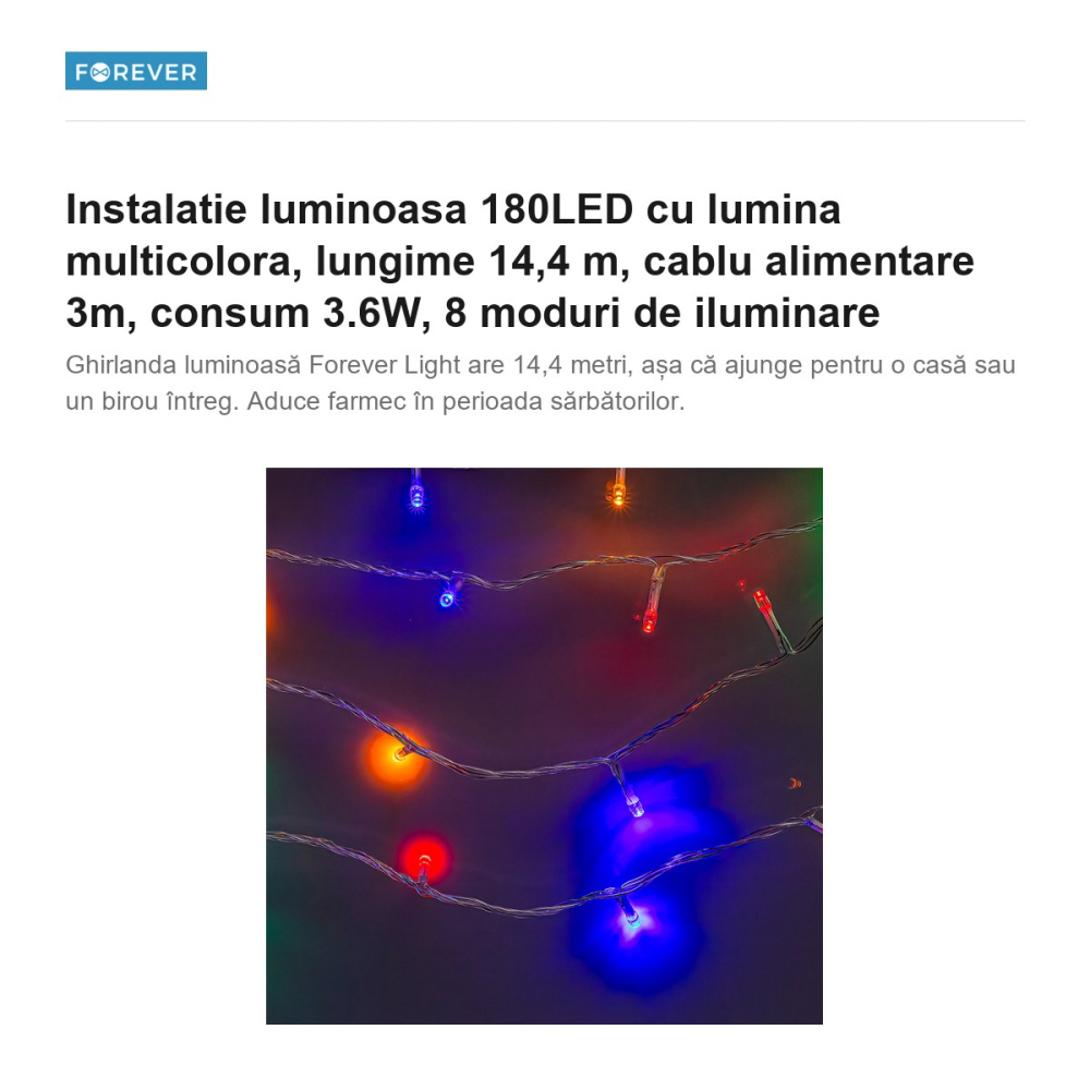 Instalatie luminoasa 180LED cu lumina multicolora, lungime 14,4 m, cablu alimentare 3m, consum 3.6W, 8 moduri de iluminare [2]