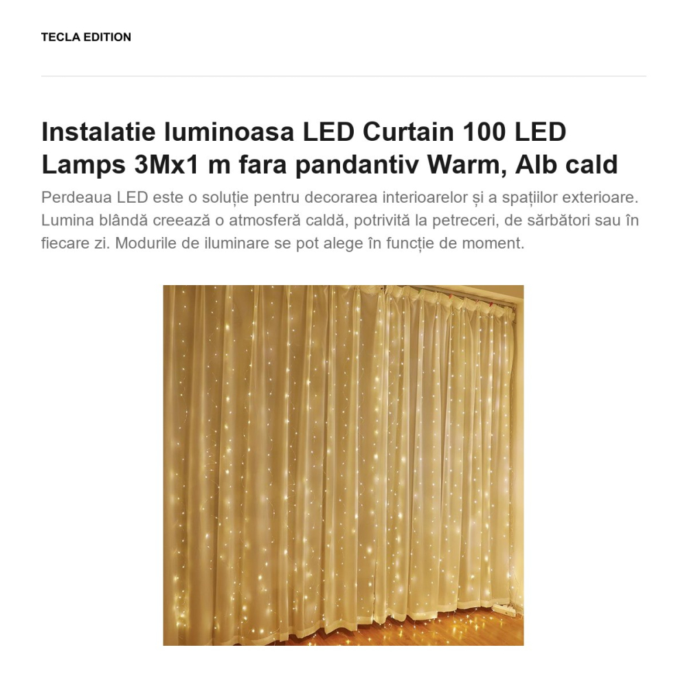 Instalatie luminoasa LED Curtain 100 LED Lamps 3Mx1 m fara pandantiv lumina calda [2]