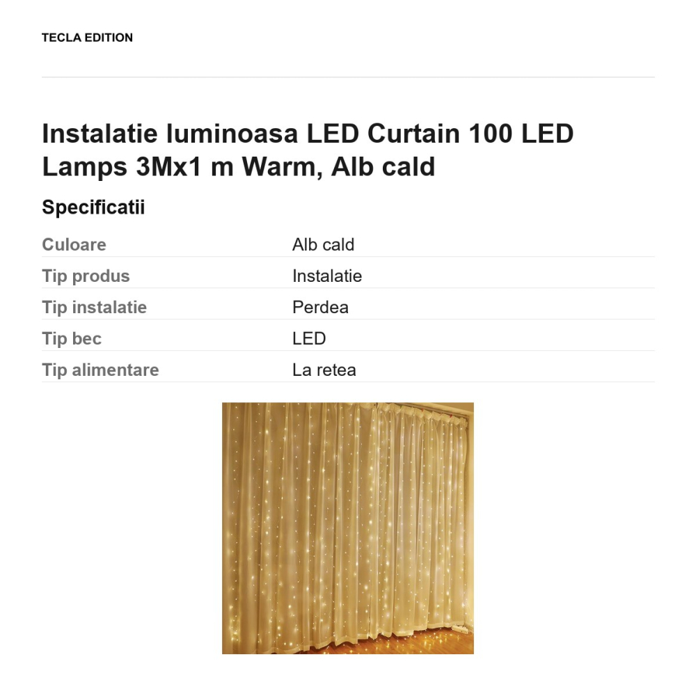 Instalatie luminoasa LED Curtain 100 LED Lamps 3Mx1 m lumina calda [3]