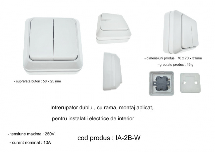 Intrerupator cu 2 butoane, aplicat, cu rama, 80 x 80 x 35mm, alb [6]