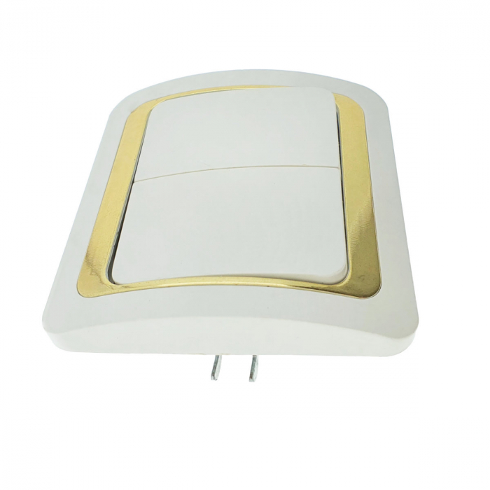 Intrerupator cu 2 butoane, incastrat, cu rama, 80 x 80 x 35mm, alb cu auriu [2]