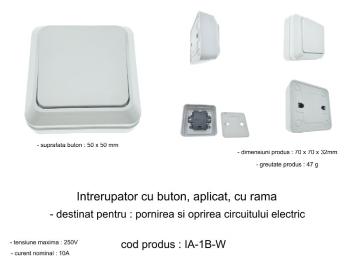 Intrerupator cu buton, aplicat, cu rama, 70 x 70 x 32mm, alb [6]