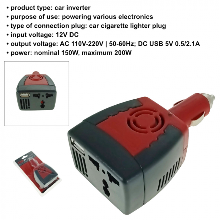 Invertor auto 12V la 220V 150W, iesire 1 X USB 5V-2.1A, negru cu rosu [6]