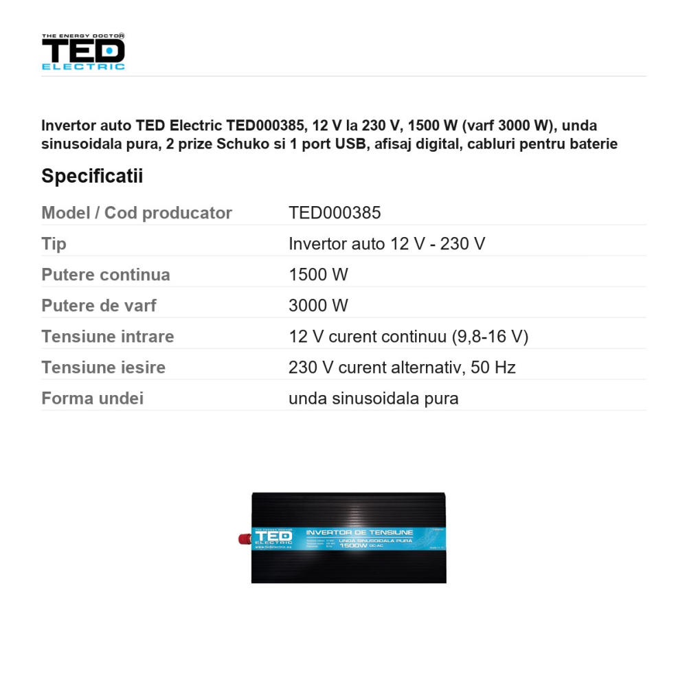 Invertor auto TED Electric TED000385, 12 V la 230 V, 1500 W (varf 3000 W), unda sinusoidala pura, 2 prize Schuko si 1 port USB, afisaj digital, cabluri pentru baterie incluse [3]