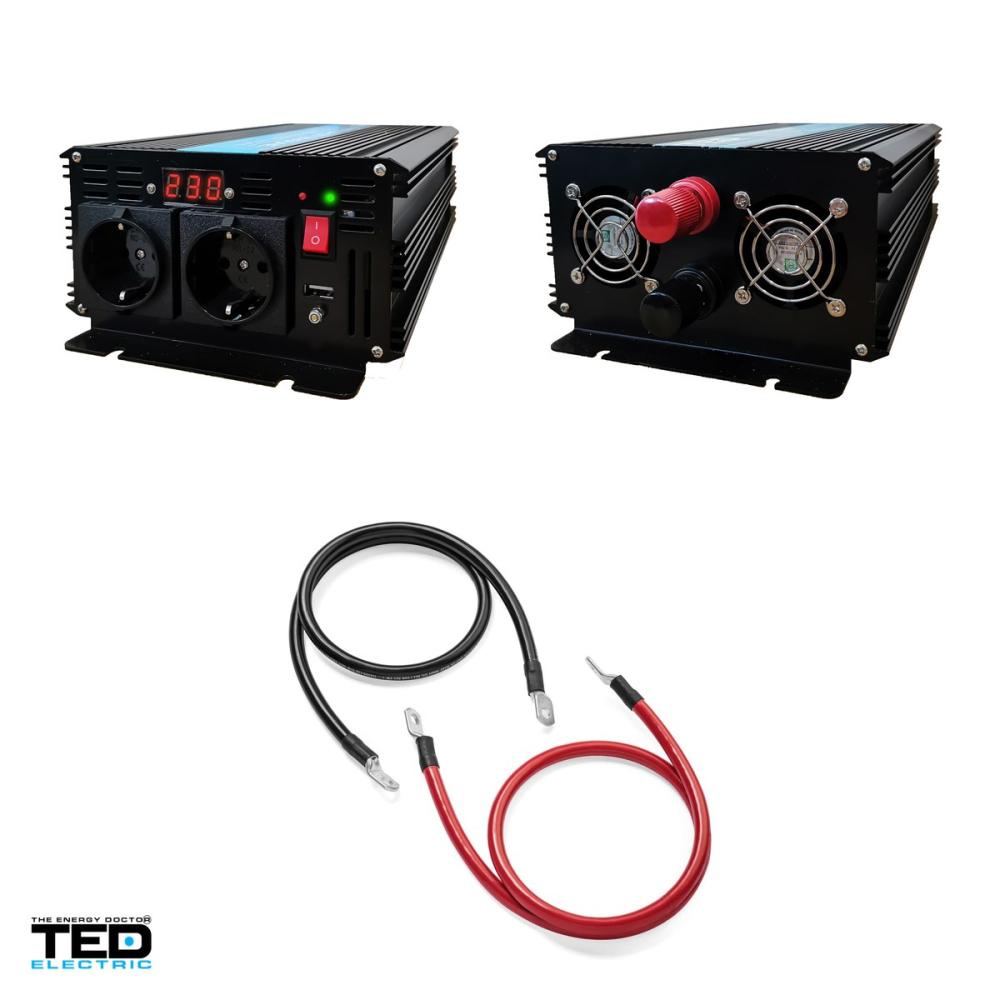 Invertor auto TED Electric TED000392, 12 V la 230 V, 2500 W (varf 5000 W), unda sinusoidala pura, 2 prize Schuko si 1 port USB, afisaj digital, cabluri pentru baterie incluse [4]