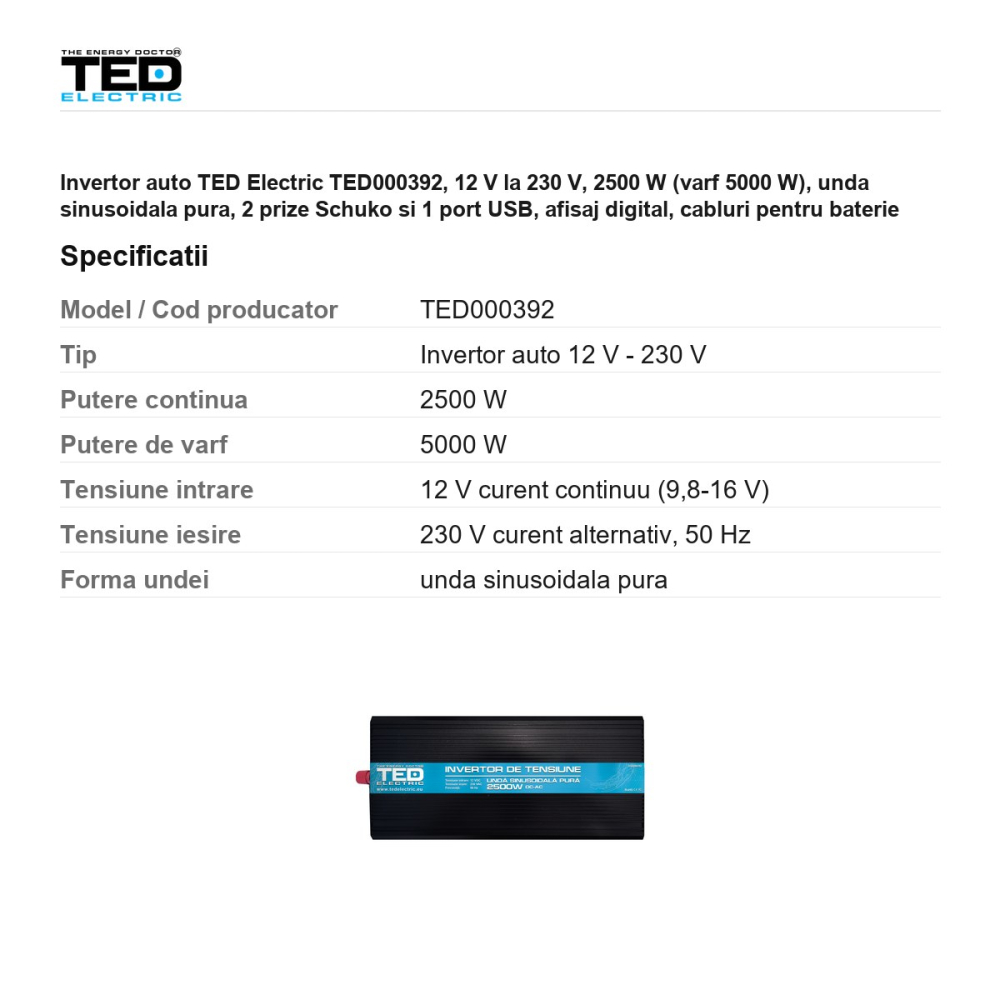 Invertor auto TED Electric TED000392, 12 V la 230 V, 2500 W (varf 5000 W), unda sinusoidala pura, 2 prize Schuko si 1 port USB, afisaj digital, cabluri pentru baterie incluse [3]