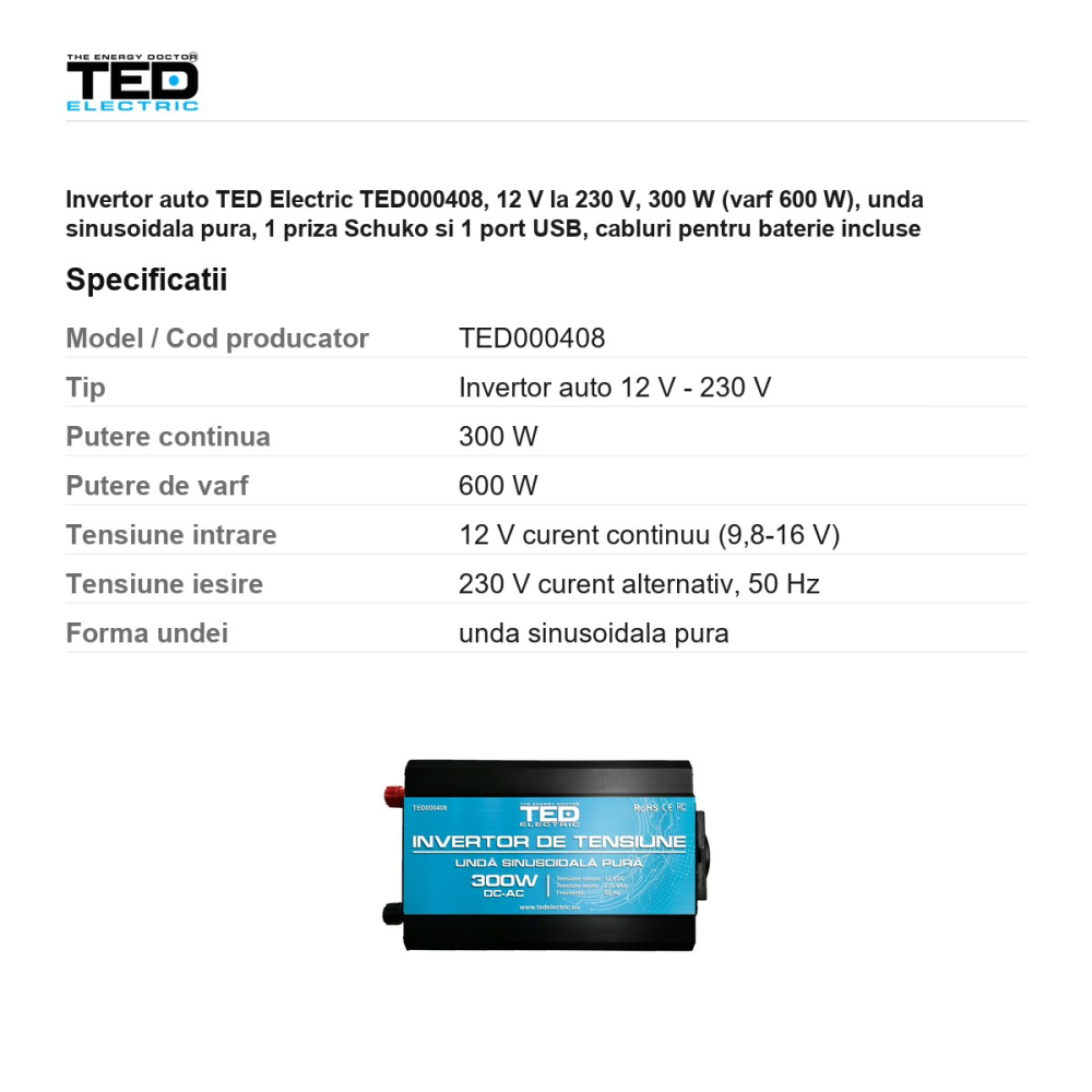 Invertor auto TED Electric TED000408, 12 V la 230 V, 300 W (varf 600 W), unda sinusoidala pura, 1 priza Schuko si 1 port USB, cabluri pentru baterie incluse [3]
