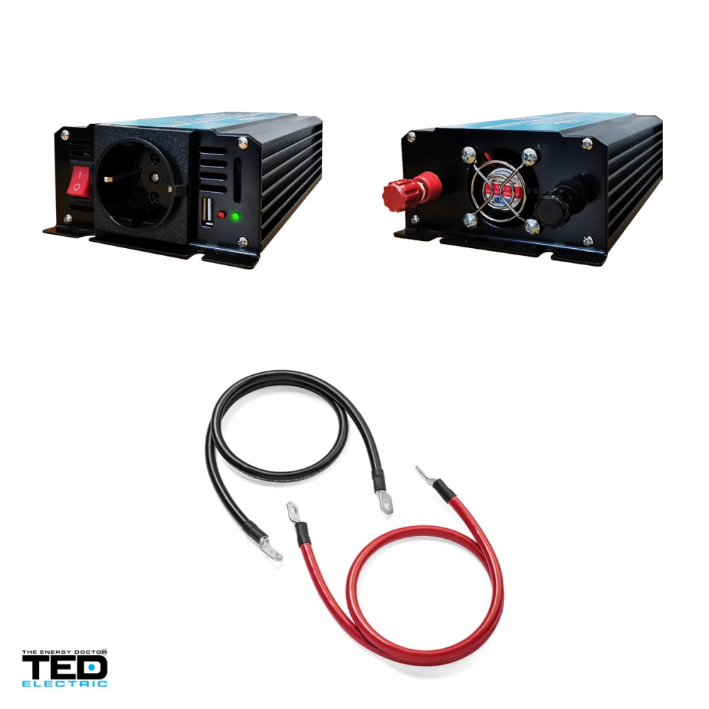 Invertor auto TED Electric TED000408, 12 V la 230 V, 300 W (varf 600 W), unda sinusoidala pura, 1 priza Schuko si 1 port USB, cabluri pentru baterie incluse [4]