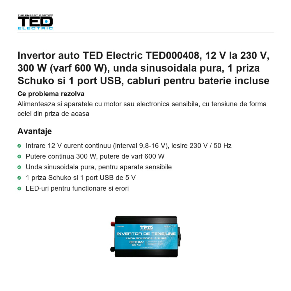 Invertor auto TED Electric TED000408, 12 V la 230 V, 300 W (varf 600 W), unda sinusoidala pura, 1 priza Schuko si 1 port USB, cabluri pentru baterie incluse [2]