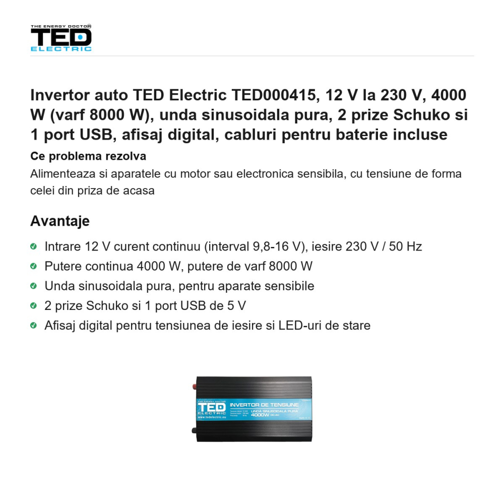 Invertor auto TED Electric TED000415, 12 V la 230 V, 4000 W (varf 8000 W), unda sinusoidala pura, 2 prize Schuko si 1 port USB, afisaj digital, cabluri pentru baterie incluse [2]