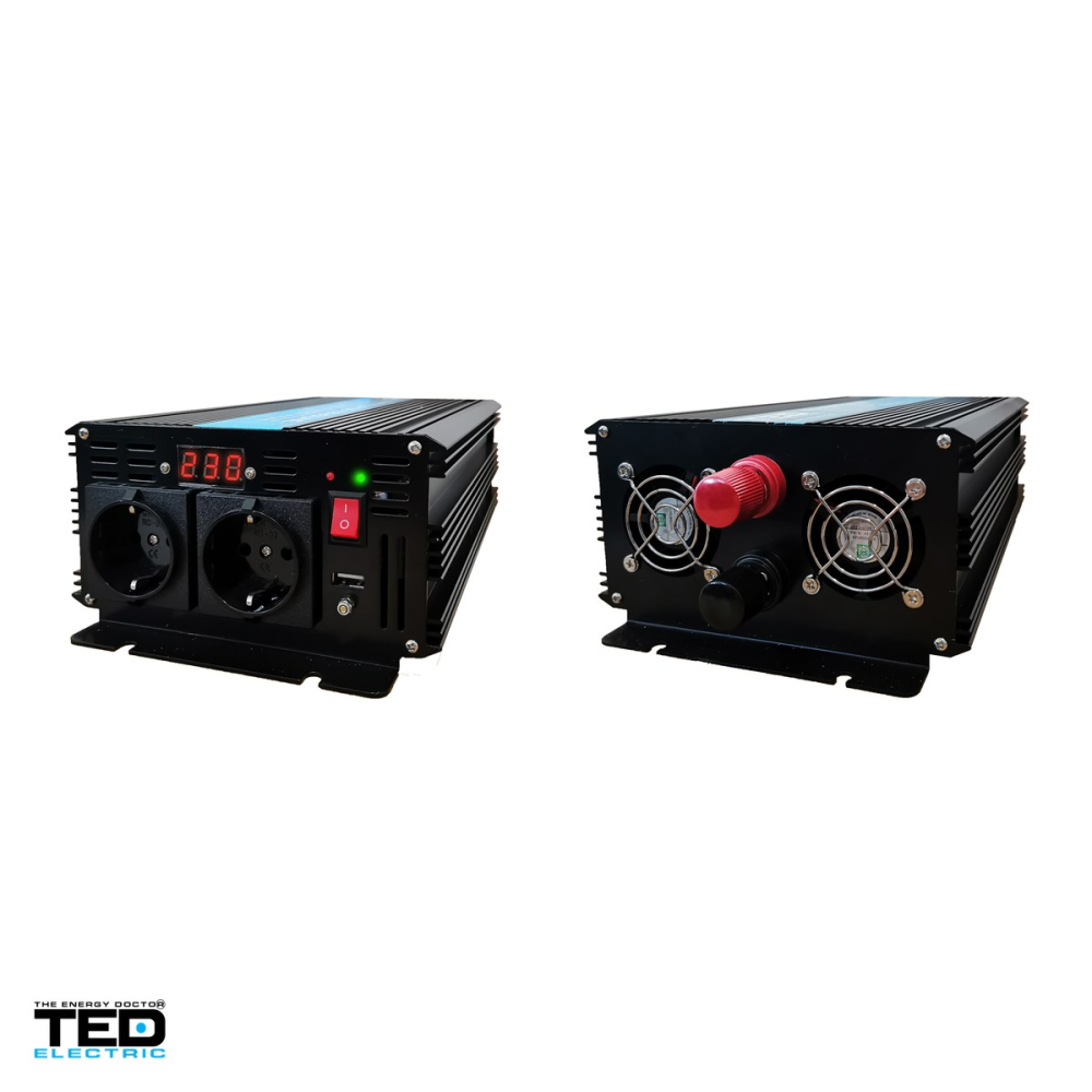 Invertor auto TED Electric TED000439, 24 V la 230 V, 1000 W (varf 2000 W), unda sinusoidala pura, 2 prize Schuko si 1 port USB, afisaj digital, cabluri pentru baterie incluse [4]