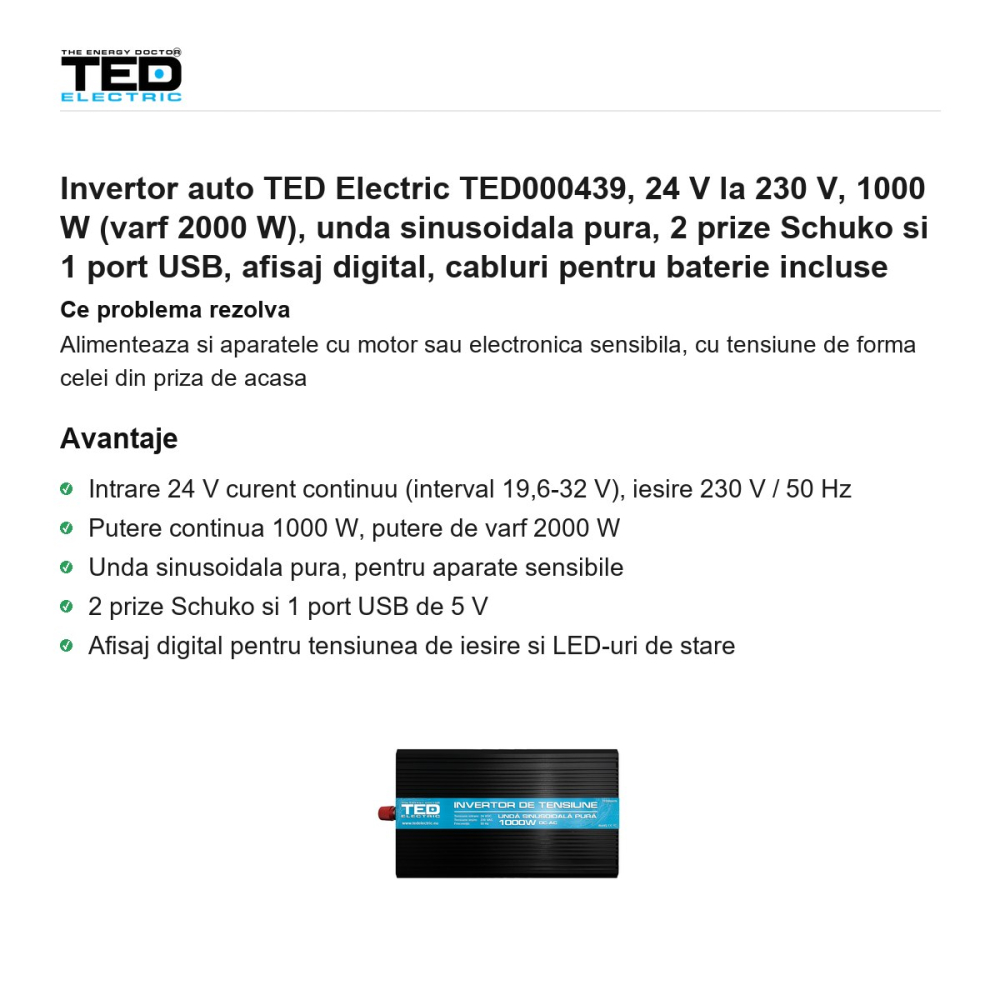 Invertor auto TED Electric TED000439, 24 V la 230 V, 1000 W (varf 2000 W), unda sinusoidala pura, 2 prize Schuko si 1 port USB, afisaj digital, cabluri pentru baterie incluse [2]