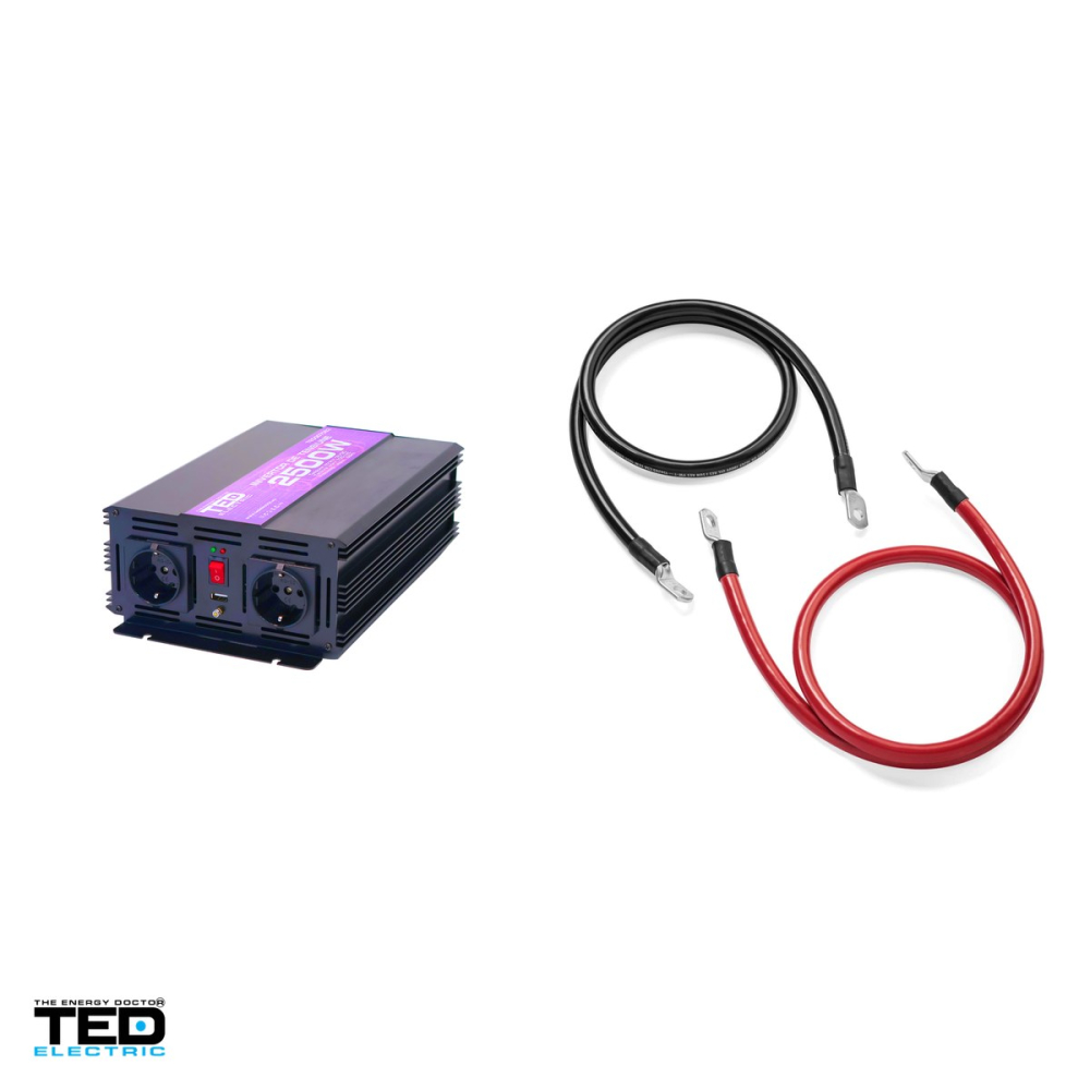 Invertor auto TED Electric TED007063, 12 V la 230 V, 2500 W (varf 5000 W), unda sinusoidala modificata, 2 prize Schuko si 1 port USB, carcasa metalica, cabluri pentru baterie incluse [4]
