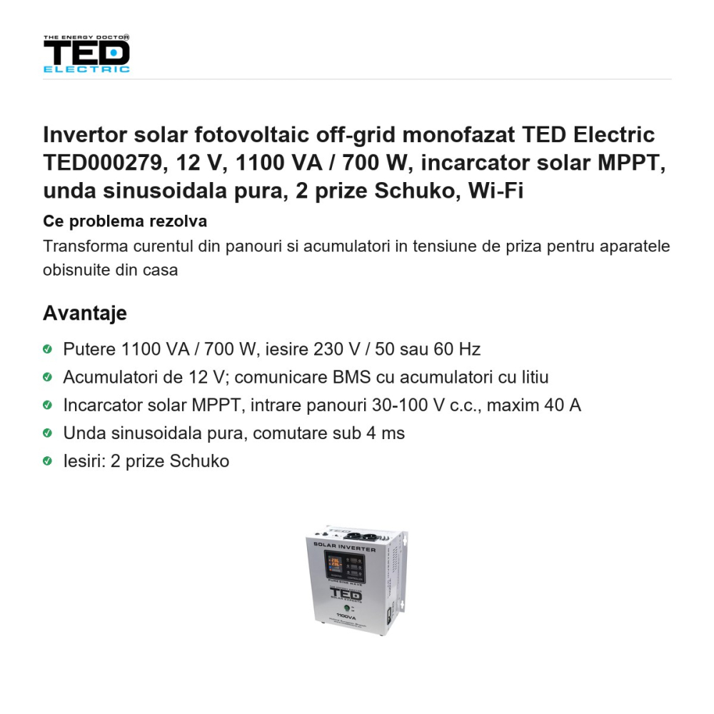 Invertor solar fotovoltaic off-grid monofazat TED Electric TED000279, 12 V, 1100 VA / 700 W, incarcator solar MPPT, unda sinusoidala pura, 2 prize Schuko, Wi-Fi [2]
