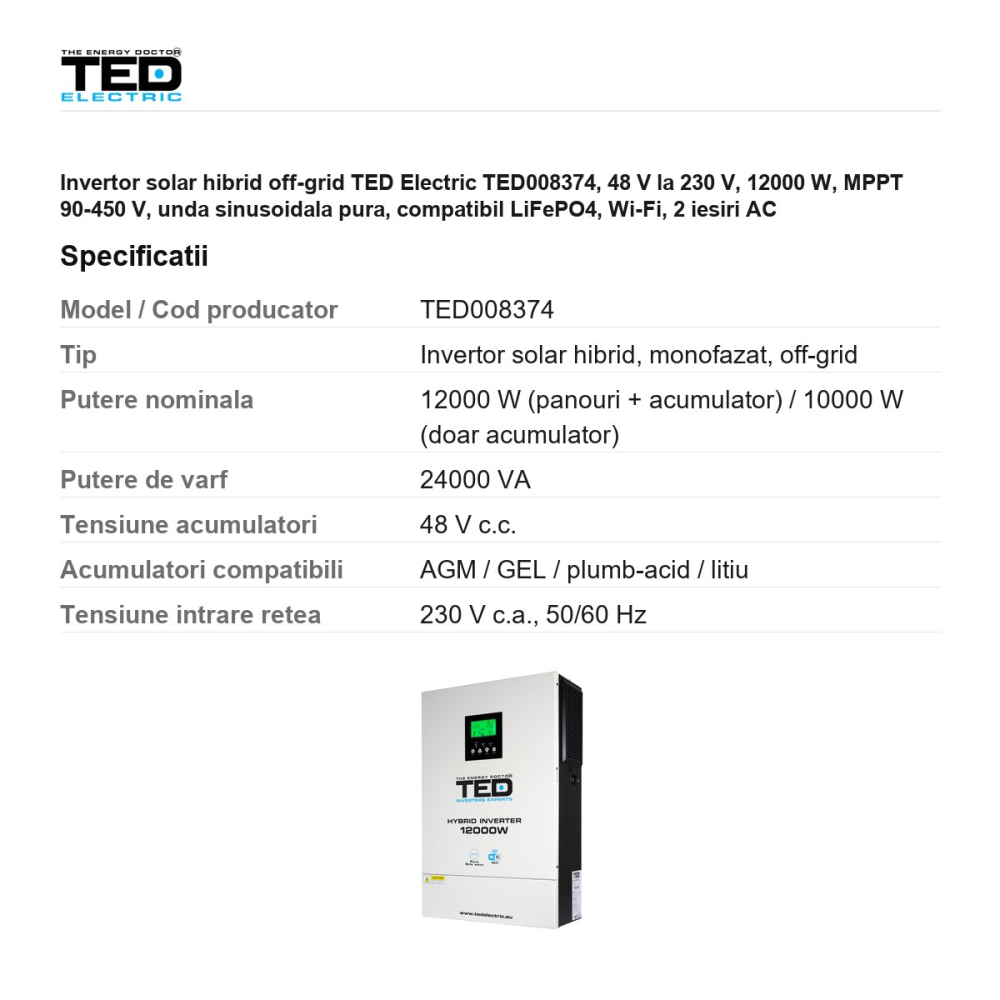 Invertor solar hibrid off-grid TED Electric TED008374, 48 V la 230 V, 12000 W, MPPT 90-450 V, unda sinusoidala pura, compatibil LiFePO4, Wi-Fi, 2 iesiri AC [3]