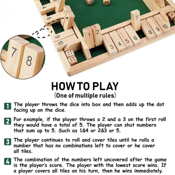 Joc de societate, cu zaruri, Shut The Box Green, 1 - 4 persoane, suprafata 130 x 130 mm, din lemn [9]