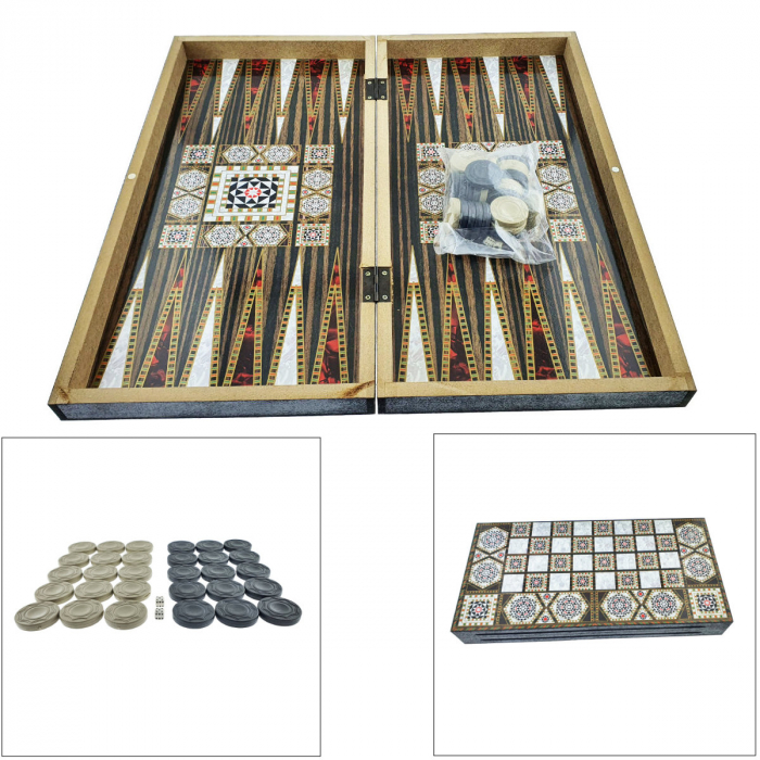 Joc de Table Romanesc Clasic, set premium, suprafata deschisa de joc 488 x 475 mm, inchidere magnetica, finisaj lacuit cu design elemente mozaic [6]