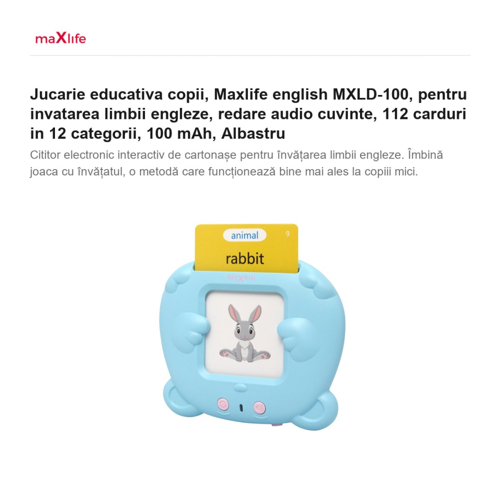 Jucarie educativa copii, Maxlife english MXLD-100, pentru invatarea limbii engleze, redare audio cuvinte, 112 carduri in 12 categorii, 100 mAh, Albastru [2]