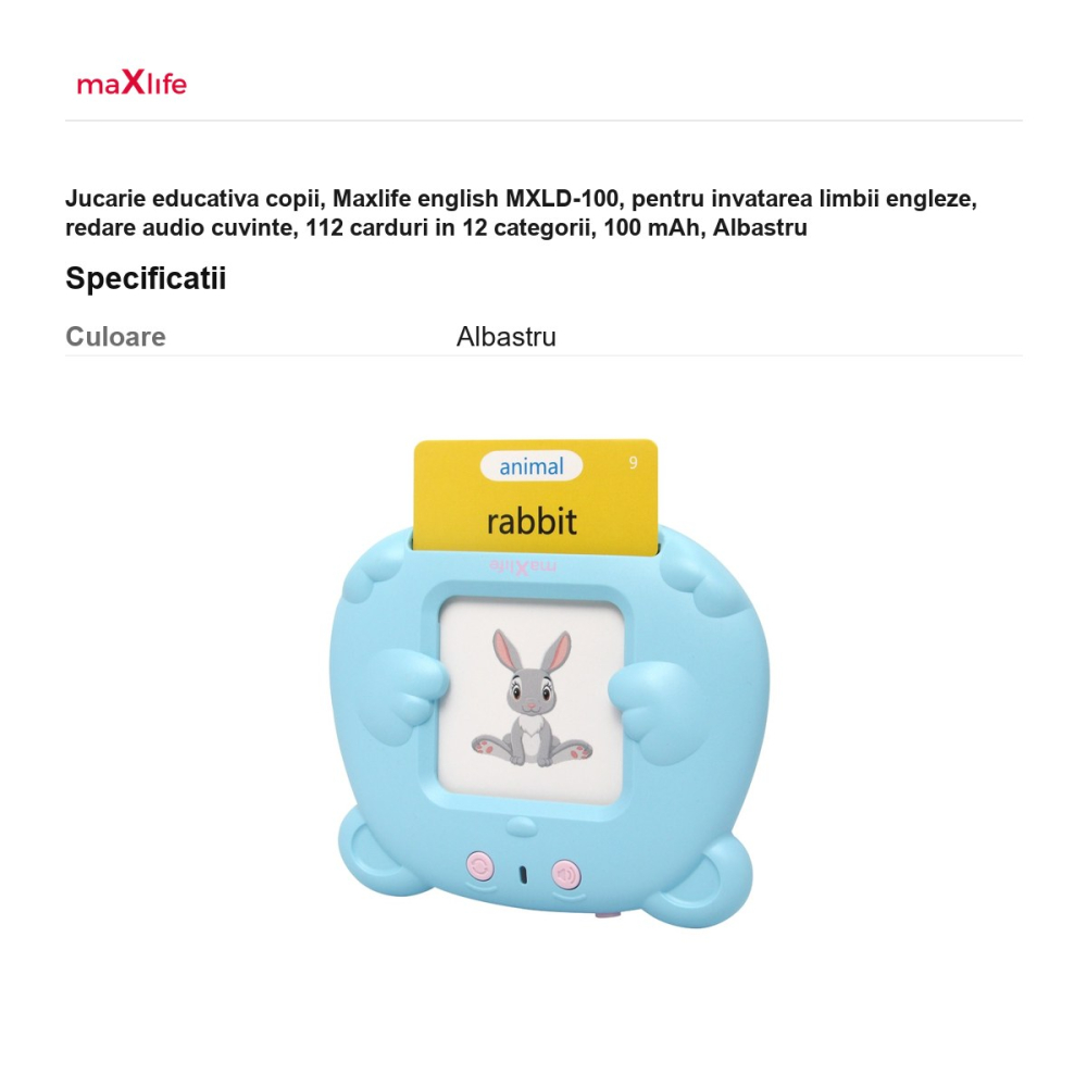 Jucarie educativa copii, Maxlife english MXLD-100, pentru invatarea limbii engleze, redare audio cuvinte, 112 carduri in 12 categorii, 100 mAh, Albastru [3]