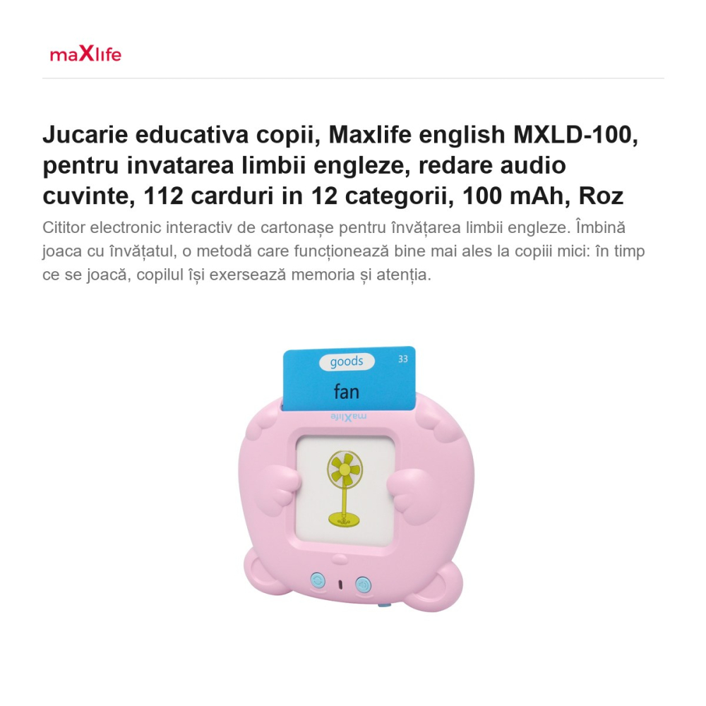 Jucarie educativa copii, Maxlife english MXLD-100, pentru invatarea limbii engleze, redare audio cuvinte, 112 carduri in 12 categorii, 100 mAh, Roz [2]