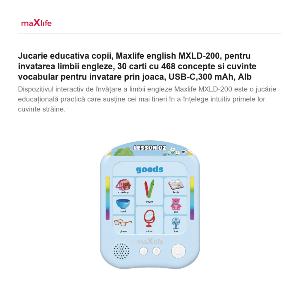 Jucarie educativa copii, Maxlife english MXLD-200, pentru invatarea limbii engleze, 30 carti cu 468 concepte si cuvinte vocabular pentru invatare prin joaca, USB-C,300 mAh, Alb [2]