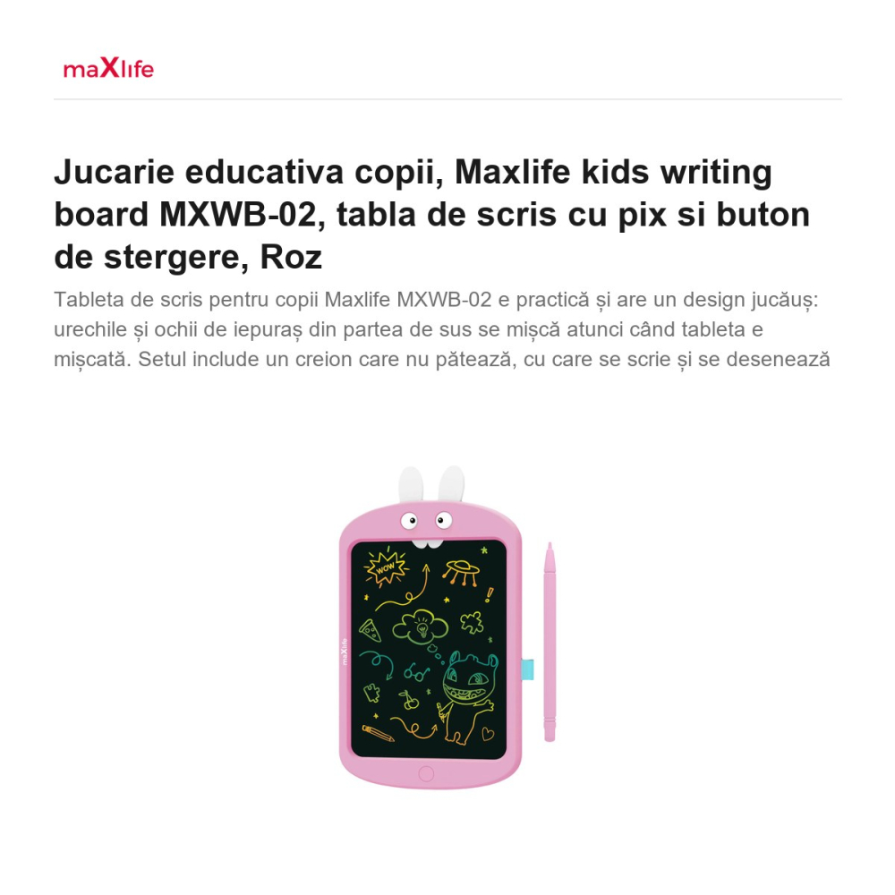 Jucarie educativa copii, Maxlife kids writing board MXWB-02, tabla de scris cu pix si buton de stergere, Roz [2]