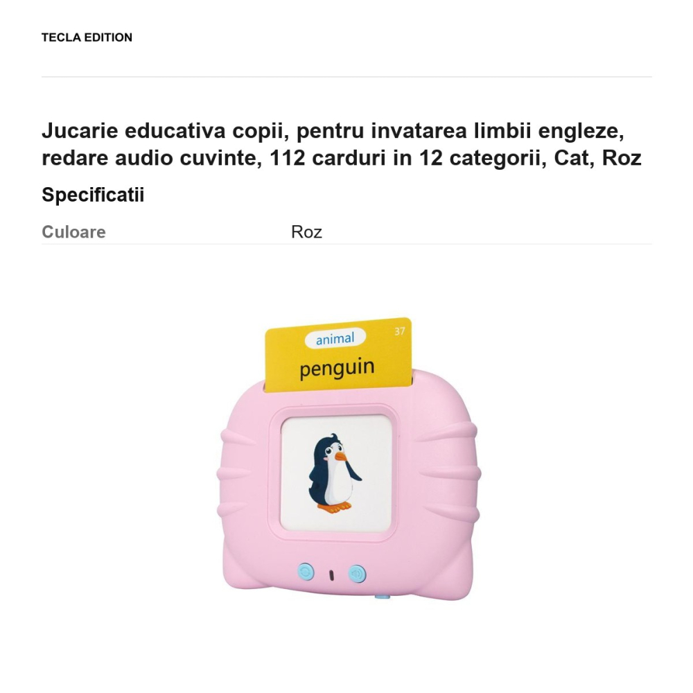 Jucarie educativa copii, pentru invatarea limbii engleze, redare audio cuvinte, 112 carduri in 12 categorii, Cat, Roz [3]