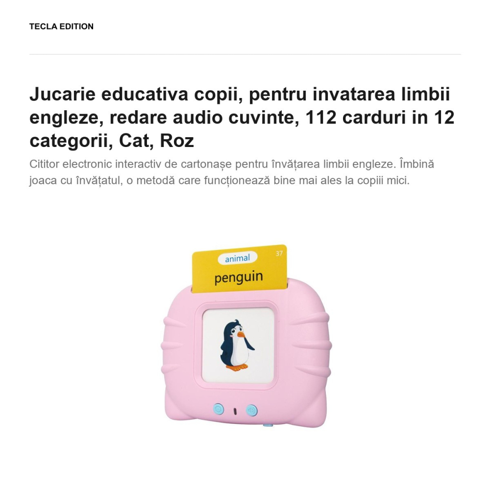 Jucarie educativa copii, pentru invatarea limbii engleze, redare audio cuvinte, 112 carduri in 12 categorii, Cat, Roz [2]