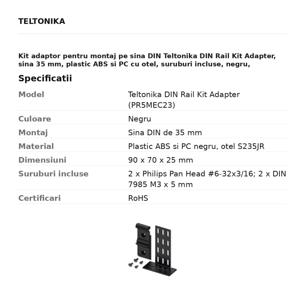 Kit adaptor pentru montaj pe sina DIN Teltonika DIN Rail Kit Adapter, sina 35 mm, plastic ABS si PC cu otel, suruburi incluse, negru, PR5MEC23 [3]